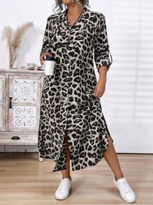 Plus Size Női Vintage Virágmintás Hosszú Ujjú Ing Ruha